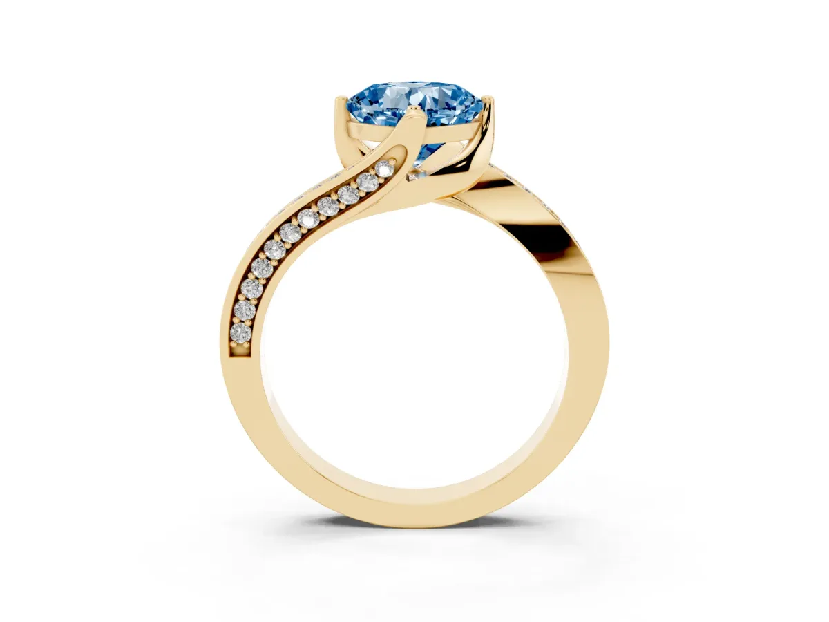 Fancy Blue Cushion Cut Solitaire Diamond Twist Band with Pavé Setting and Four-Prong Setting Yellow gold