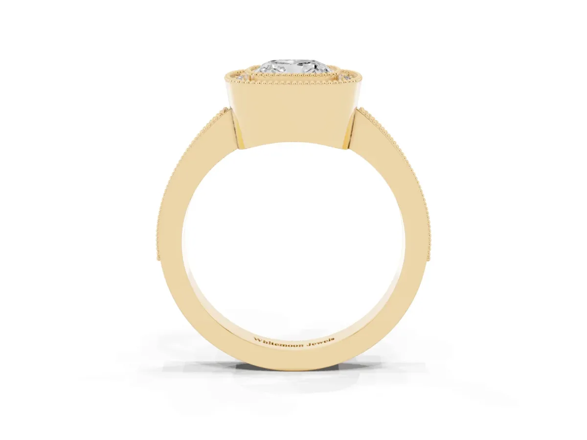 Cushion Cut-Cut Diamond Halo Engagement Ring with Pave Band and Prong Setting Yellow gold