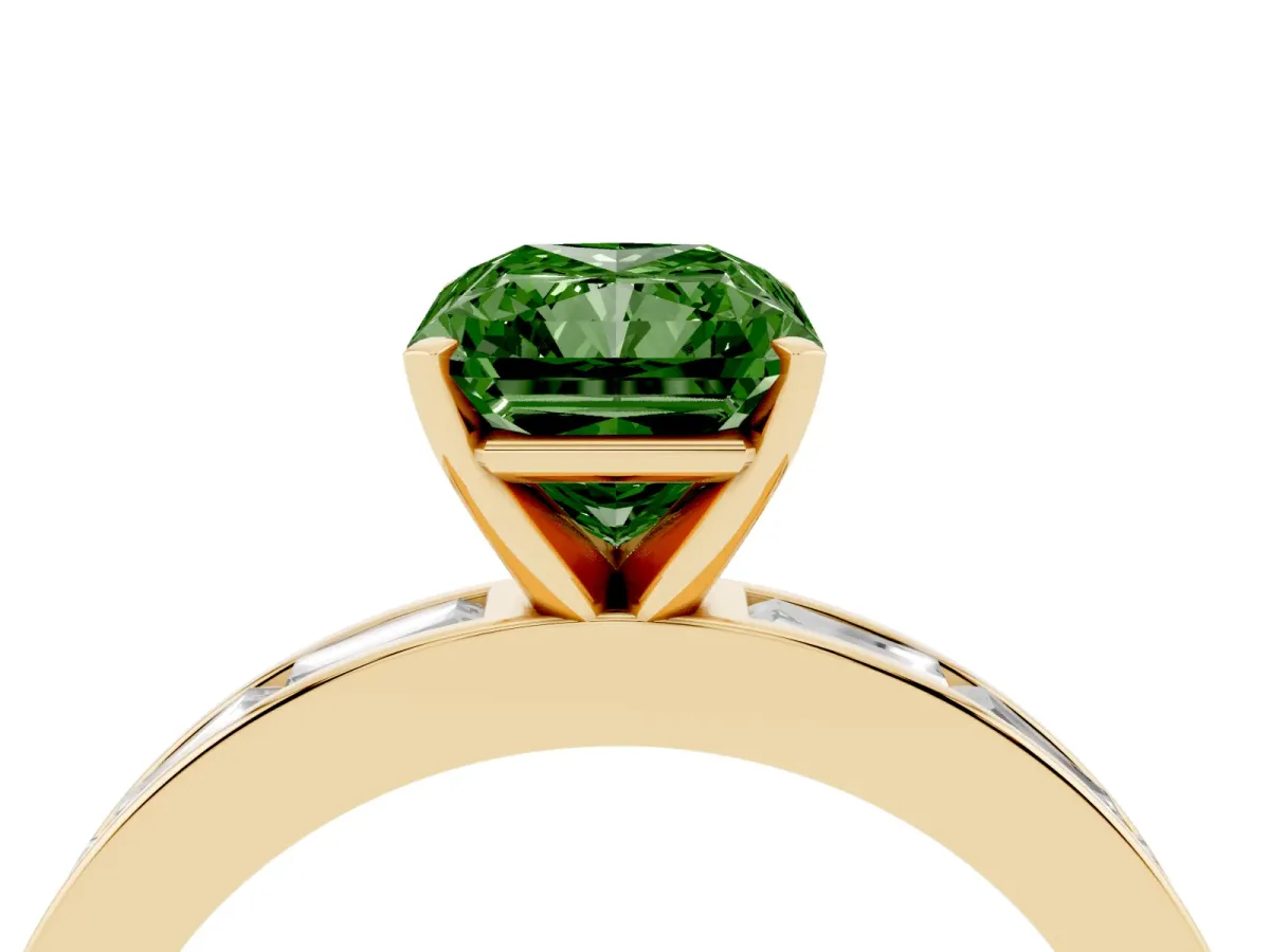 Fancy Green Radiant Cut Solitaire Diamond Ring with Channel-Set Baguette Band and Four-Prong Setting Yellow gold