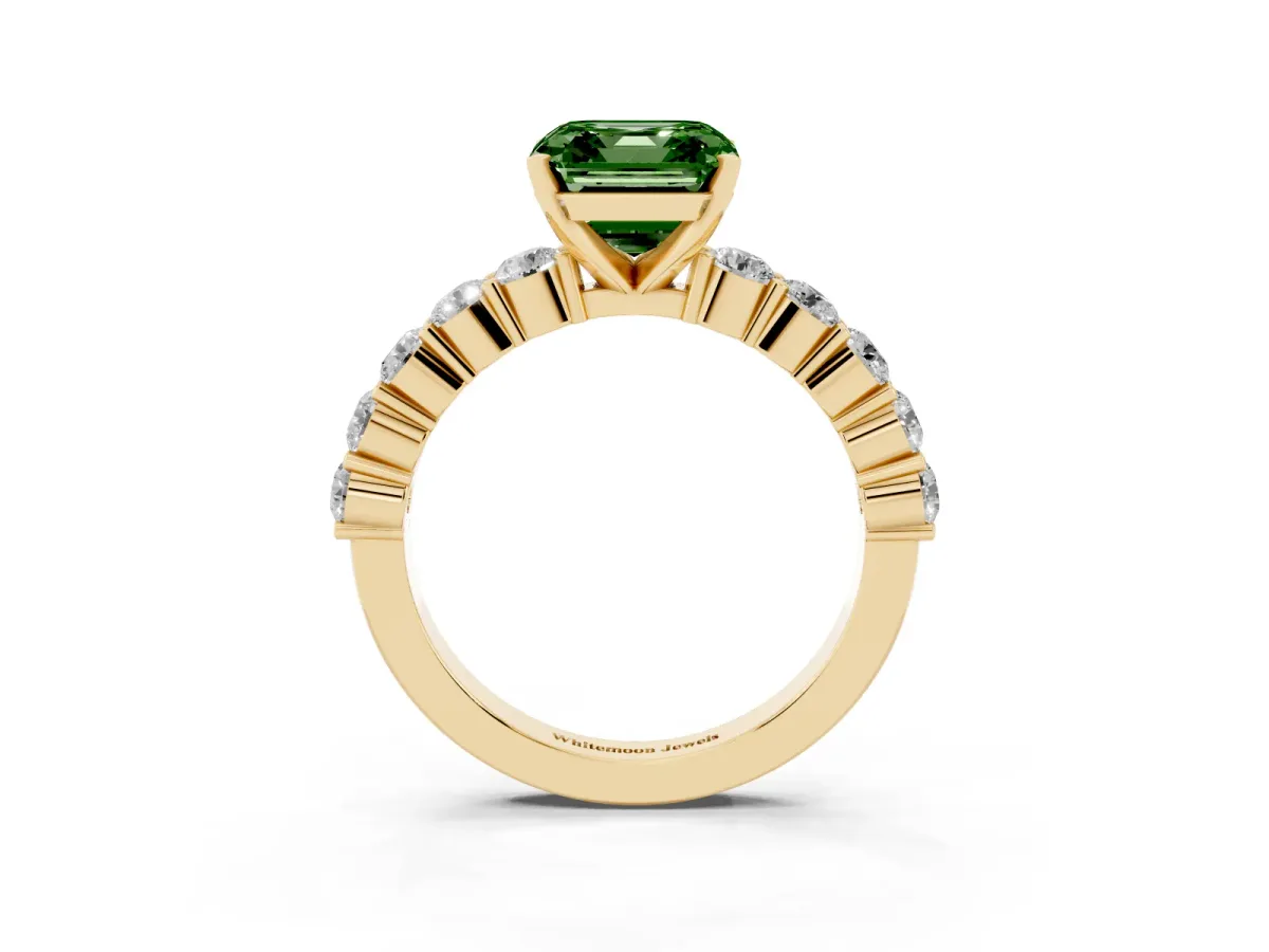 Fancy Green Asscher Cut Diamond Solitaire Ring with Shared Prong Round Side Stones Yellow gold