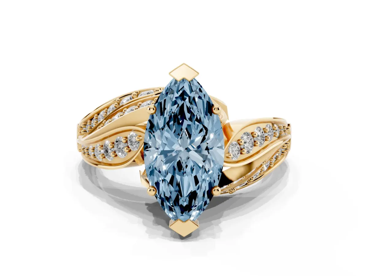 Fancy Blue Marquise Cut Diamond Solitaire Ring with Prong Setting and Twisted Pavé Band Yellow gold