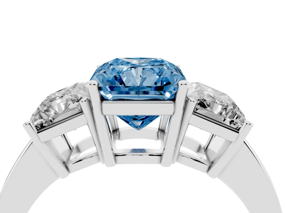 Fancy Blue Three-Stone Radiant Cut Cut Diamond Engagement Ring with Flat Band and Four-Prong Setting Silver