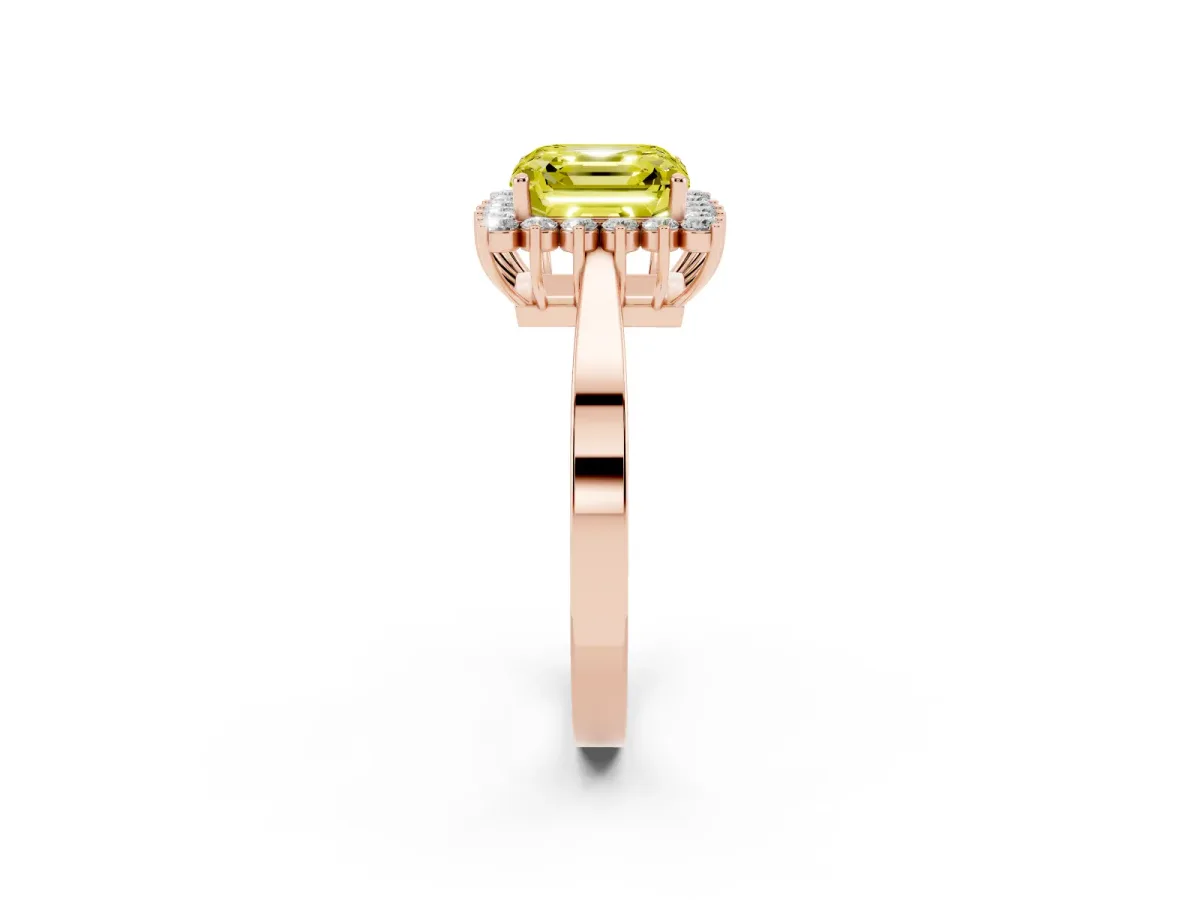 Fancy Yellow Asscher Cut Cut Diamond Halo Ring with Round Brilliant Halo and Solitaire Band Rose gold