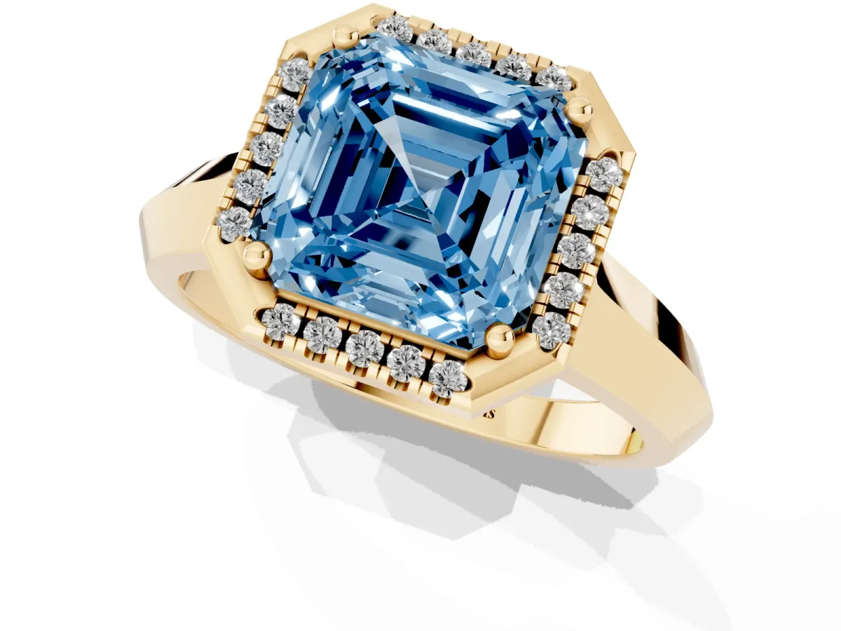 Fancy Blue Asscher Cut Halo Diamond Ring with Cathedral Band and Four-Prong Setting Yellow gold