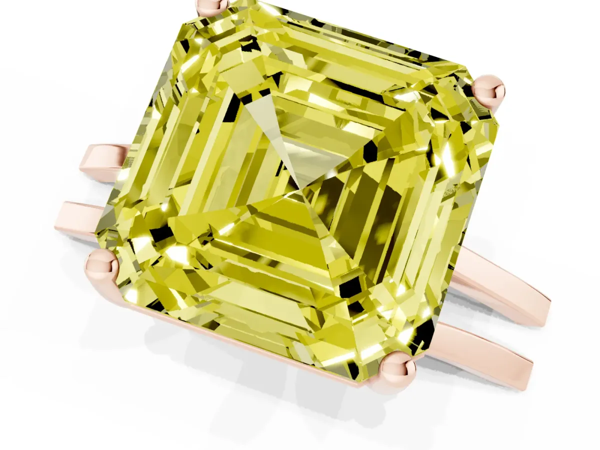 Fancy Yellow Asscher Cut Cut Diamond Solitaire Engagement Ring with Tapered Plain Band and Four-Prong Setting Rose gold