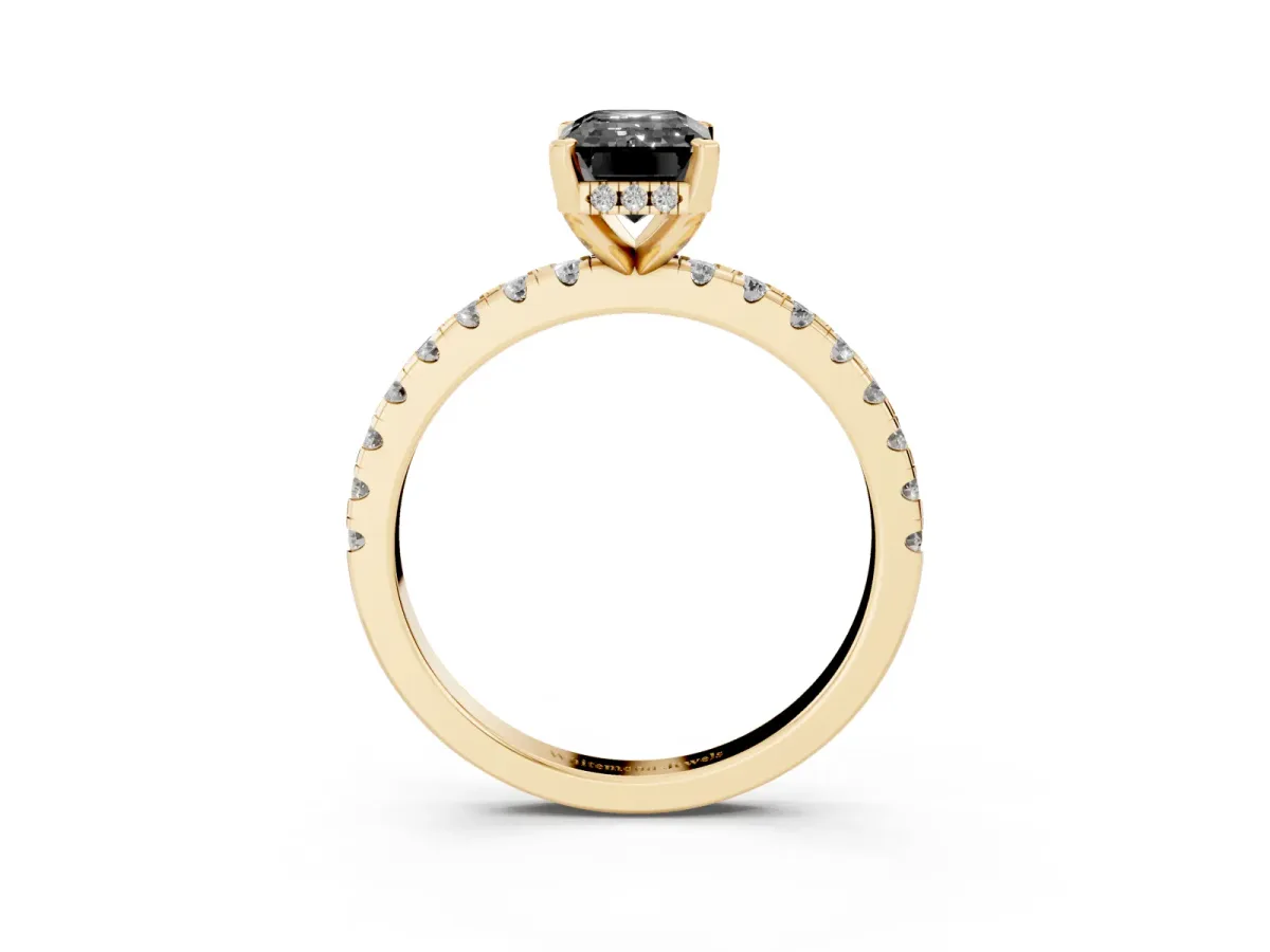 Fancy Black Emerald Cut Diamond Solitaire Ring with Round Pavé Band and Four-Prong Setting Yellow gold