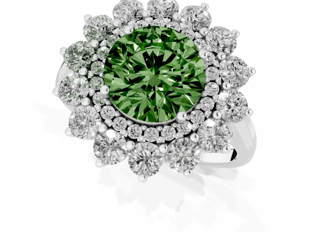 Fancy Green Round Cut Diamond Floral Double Halo Engagement Ring with Prong Setting Platinum
