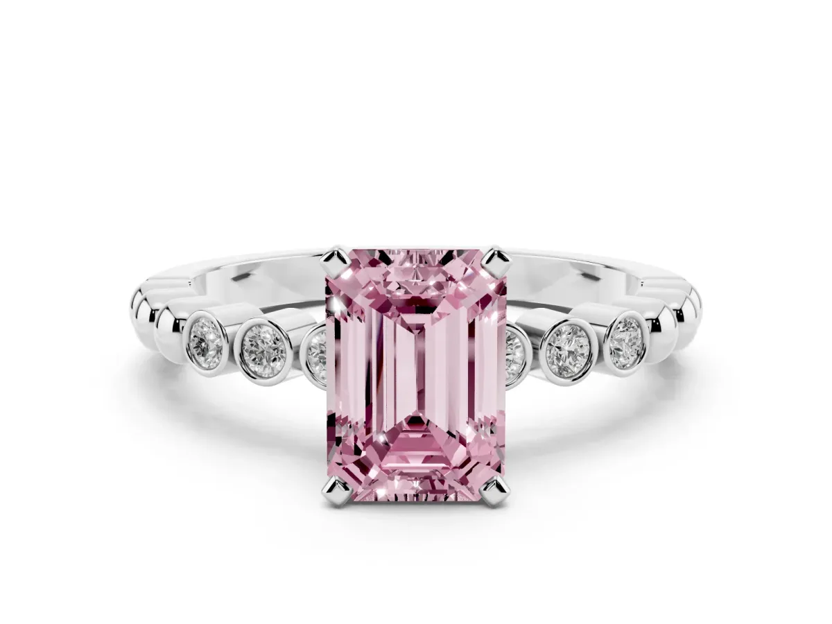 Fancy Pink Emerald Cut Solitaire Bezel Accent Diamond Engagement Ring with Beaded Band and Four-Prong Setting Silver