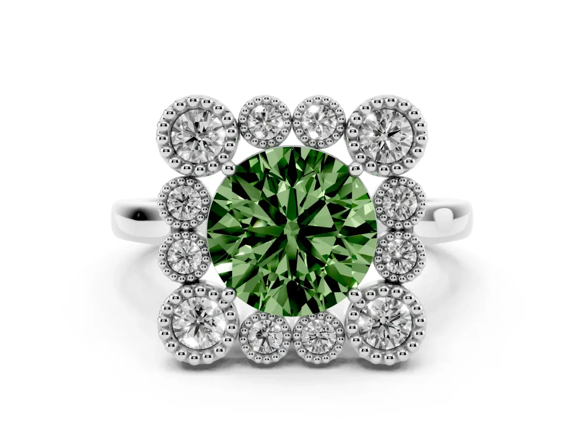 Fancy Green Round Cut Halo Diamond Cluster Engagement Ring with Milgrain Bezel Setting and Solitaire Band Silver
