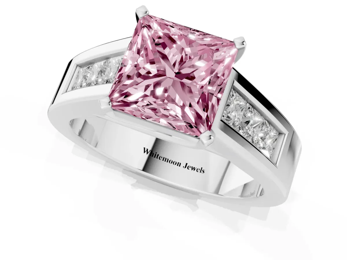 Fancy Pink Princess Cut Cut Channel Set Solitaire Ring with Four-Prong Setting Platinum