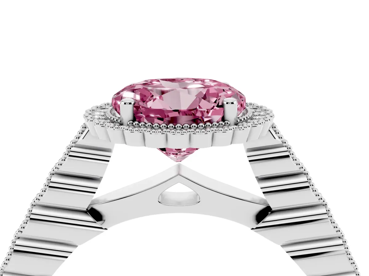Fancy Pink Round Cut Cut Halo Pavé Solitaire Ring with Milgrain Band Platinum