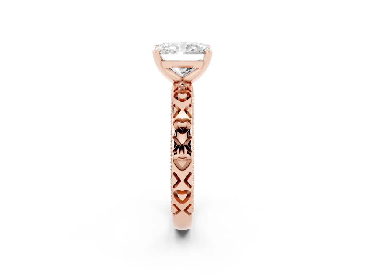 Radiant Cut Solitaire Diamond Engagement Ring with XO Engraved Band and Four-Prong Setting Rose gold
