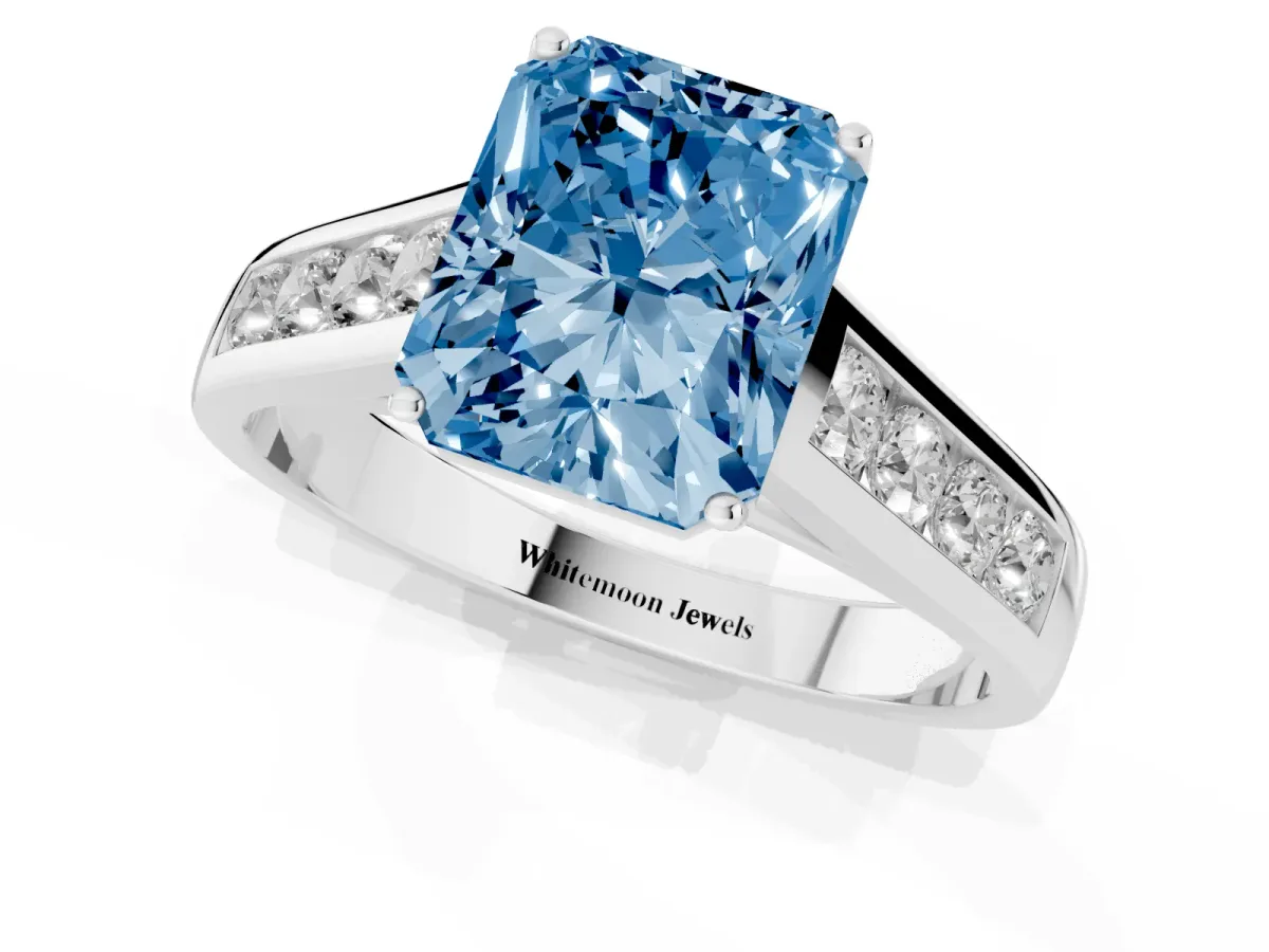 Fancy Blue Radiant Cut Solitaire Channel-Set Diamond Engagement Ring with Four-Prong Setting Platinum