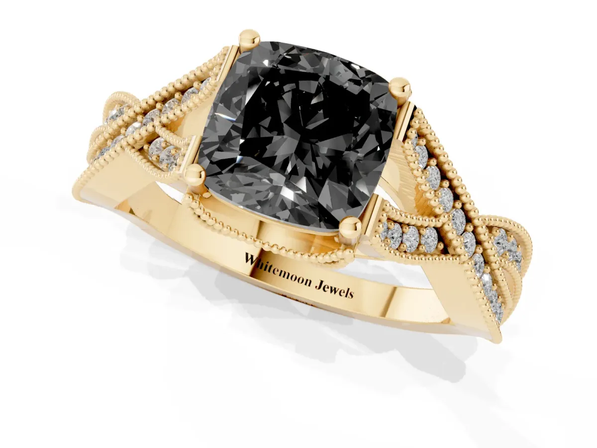 Fancy Black Cushion Cut Cut Diamond Twisted Band with Milgrain Pave Setting and Four-Prong Setting Yellow gold