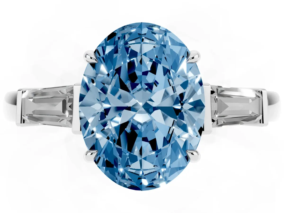 Fancy Blue Oval Cut Diamond Three-Stone Ring with Tapered Baguette Side Stones and Prong Setting Silver