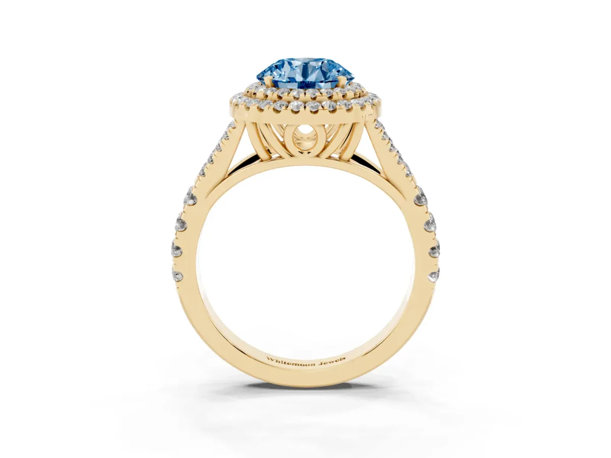 Fancy Blue Round Cut Diamond Double Halo Ring with Split Shank and Prong Setting Yellow gold