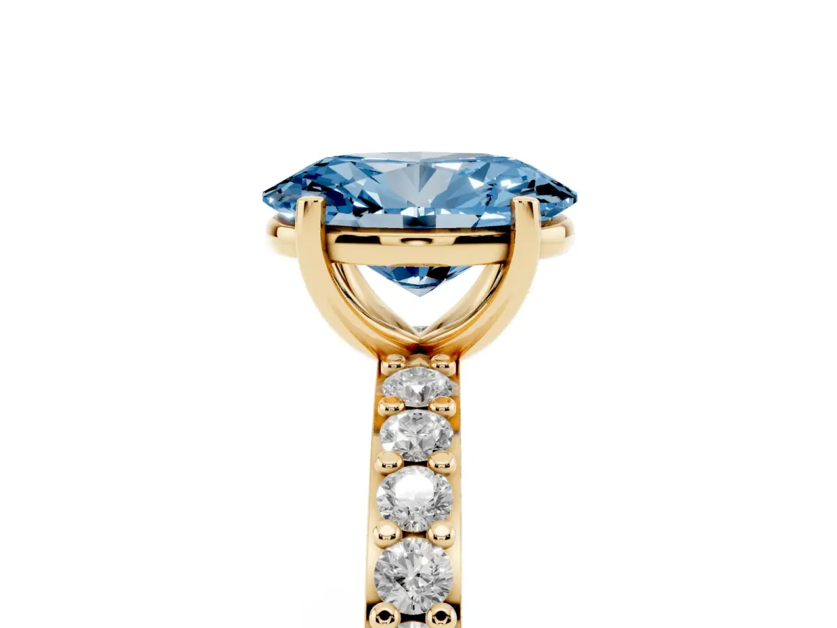 Fancy Blue Oval Cut Cut Diamond Solitaire with Pave Band and Four-Prong Setting Yellow gold