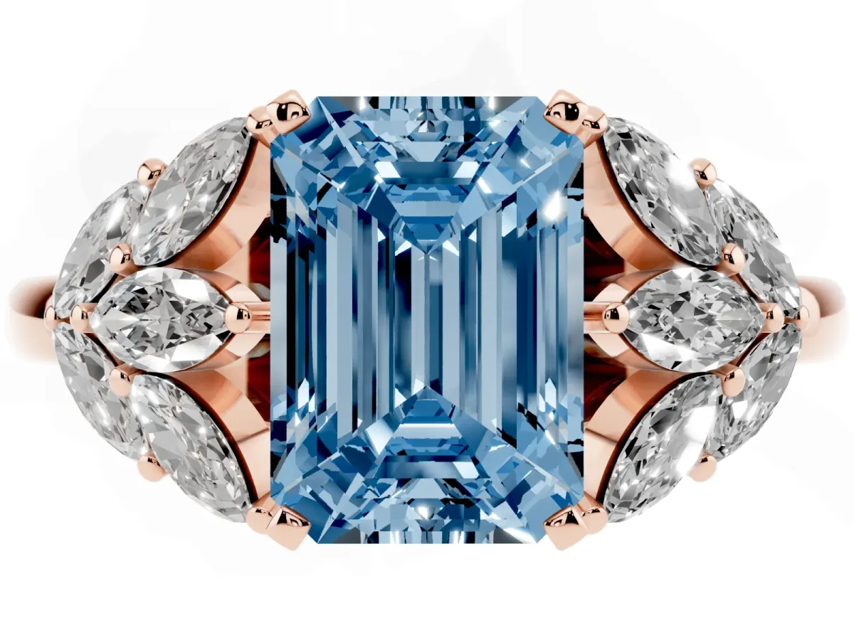 Fancy Blue Emerald Cut Diamond Cluster Leaf Design Ring with Prong Setting Rose gold