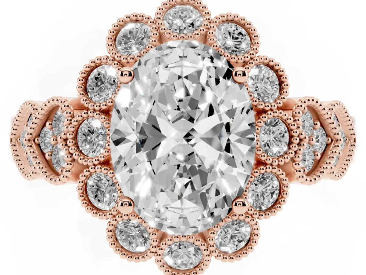 Oval Cut Brilliant Milgrain Pave Heart Band Solitaire Ring Rose gold