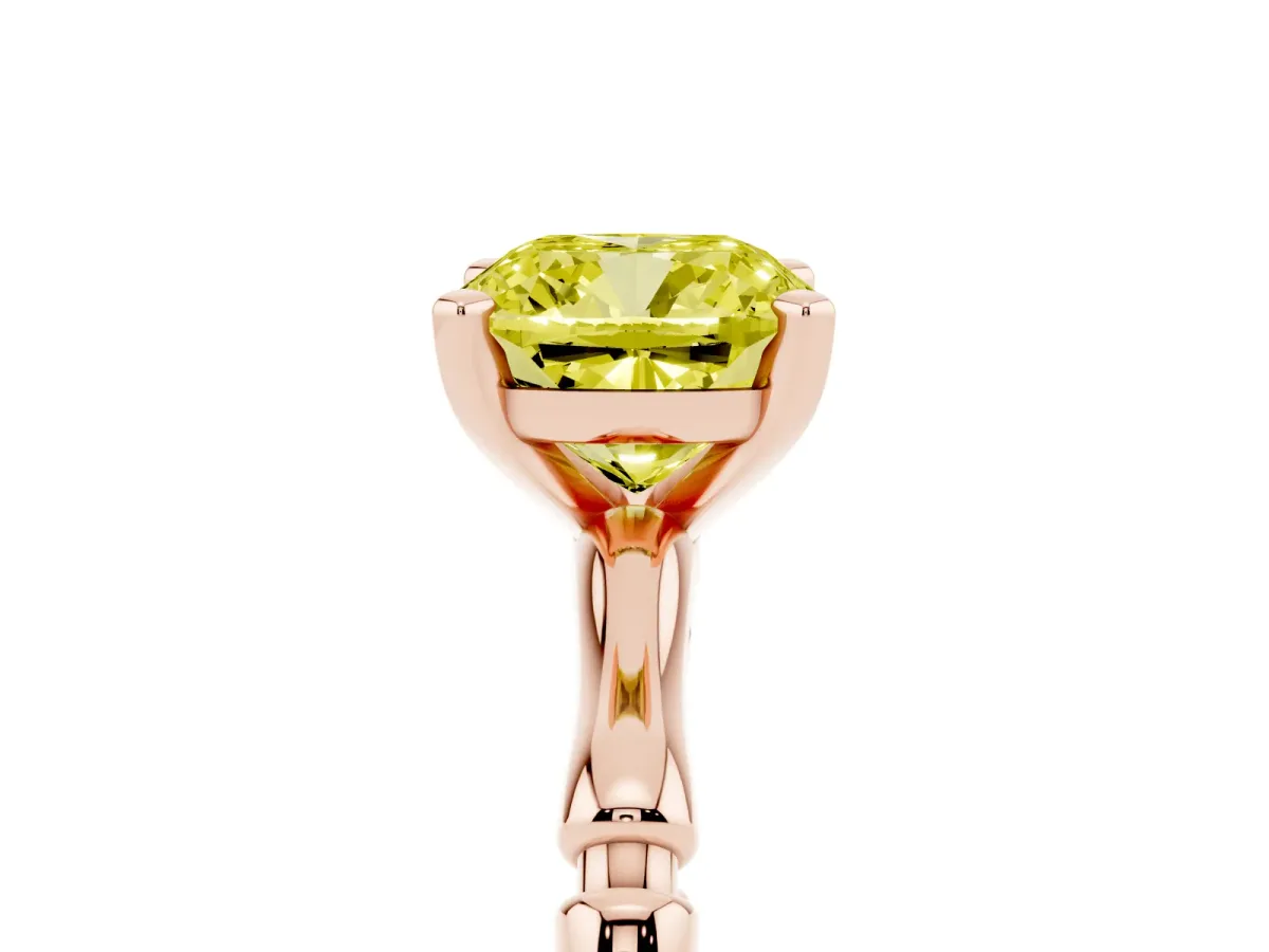 Fancy Yellow Cushion Cut Solitaire Diamond Ring with Bamboo Band and Four-Prong Setting Rose gold