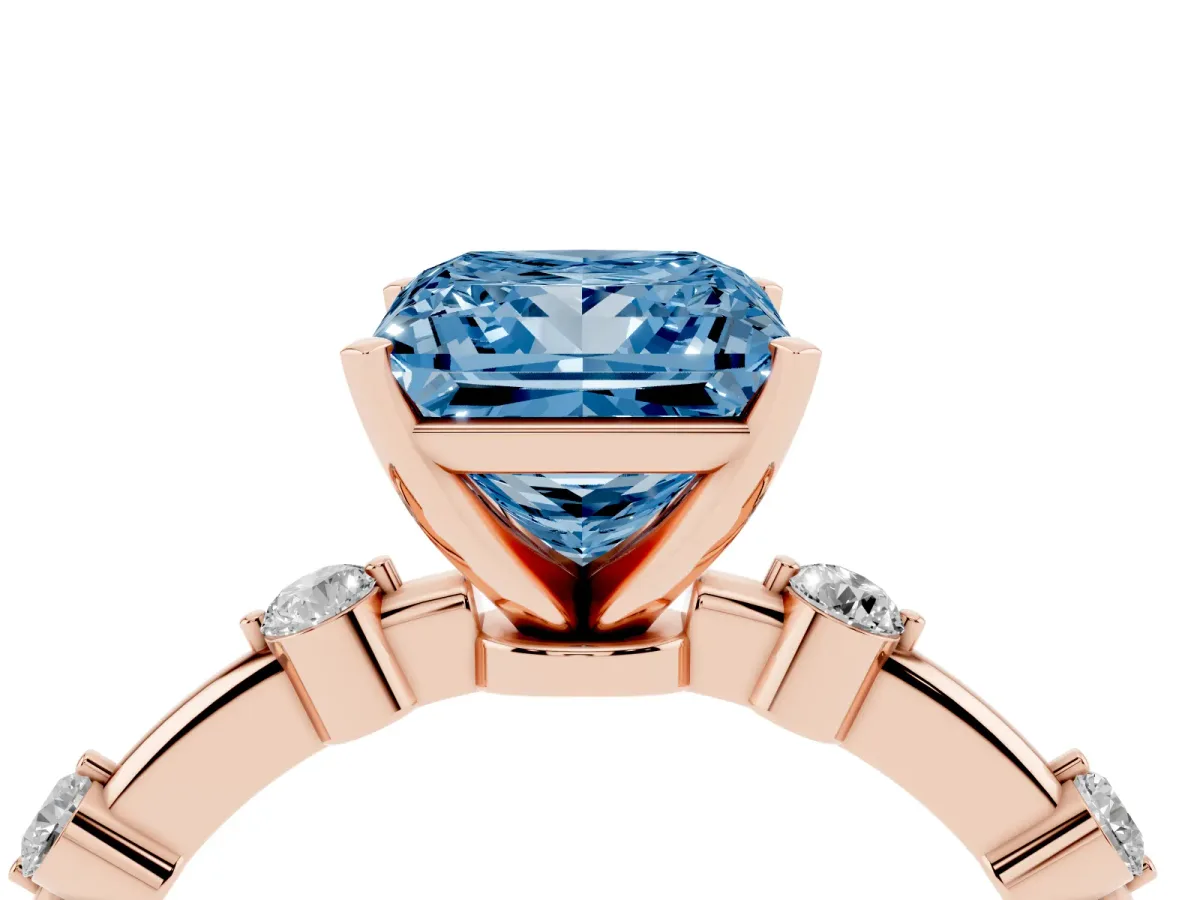 Fancy Blue Princess Cut Solitaire Diamond Ring with Bezel Set Side Stones and Prong Setting Rose gold