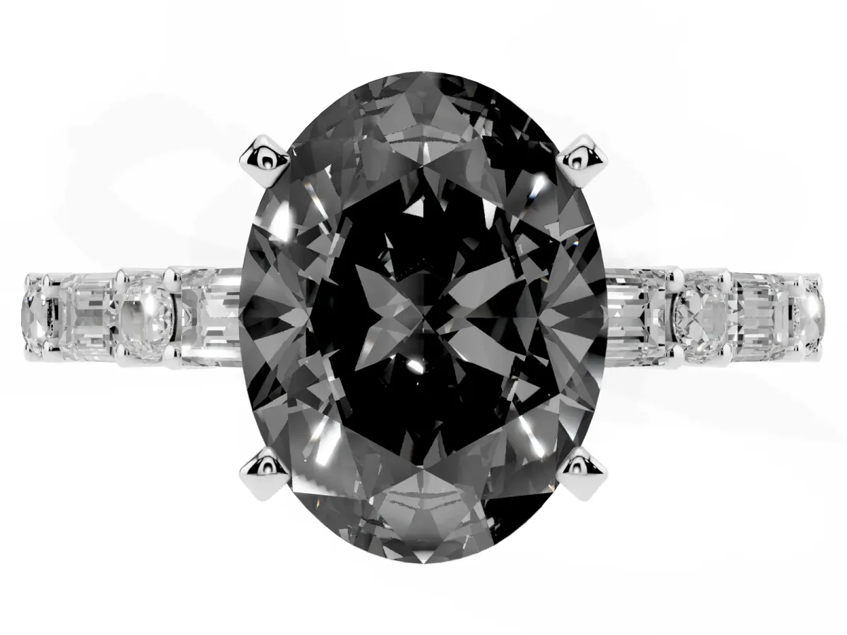 Fancy Black Oval Cut Diamond Solitaire with Side Baguettes and Channel Set Band Platinum