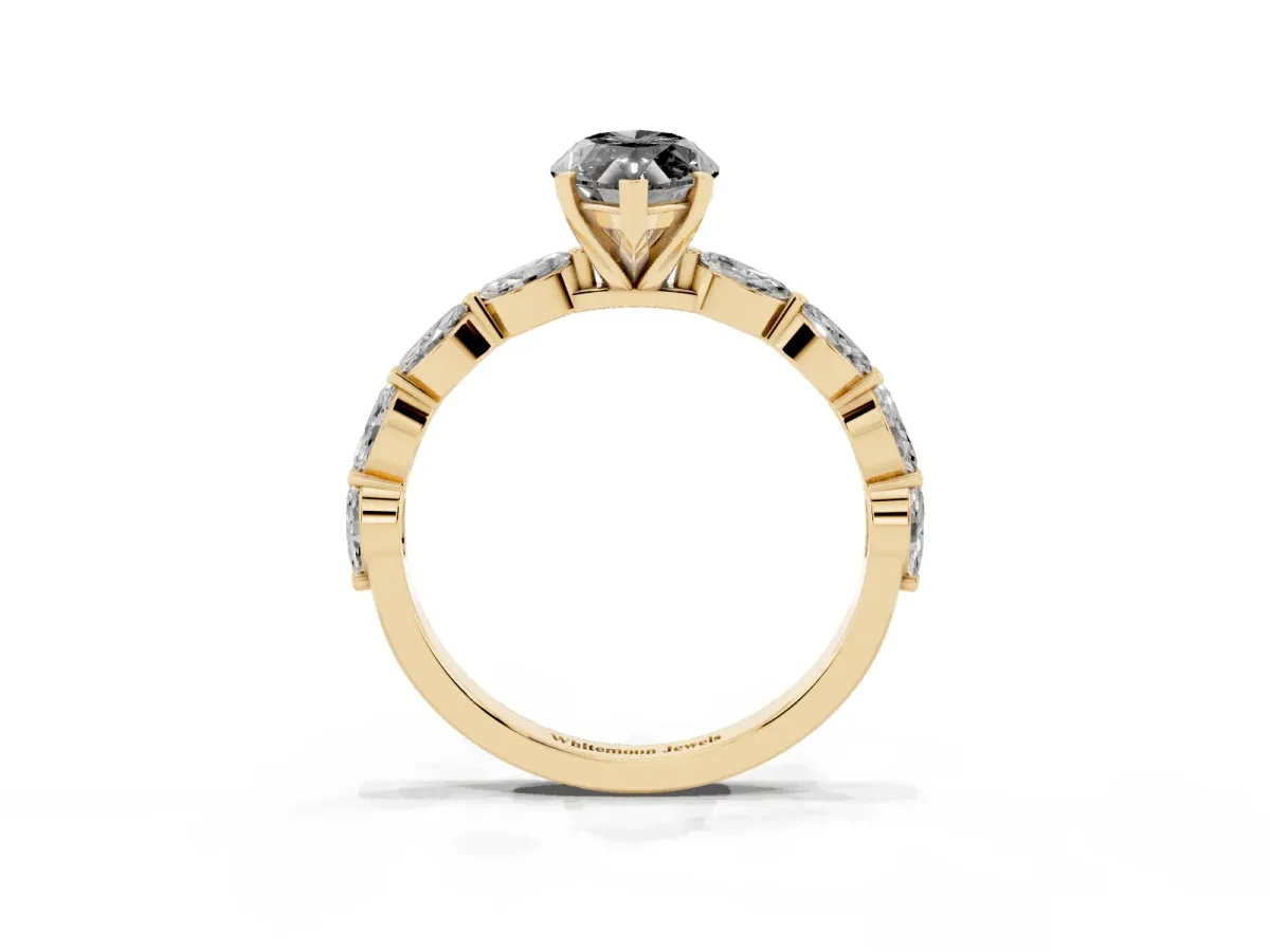 Fancy Black Marquise Cut Diamond Ring with Marquise Side Stones and Prong Setting Yellow gold