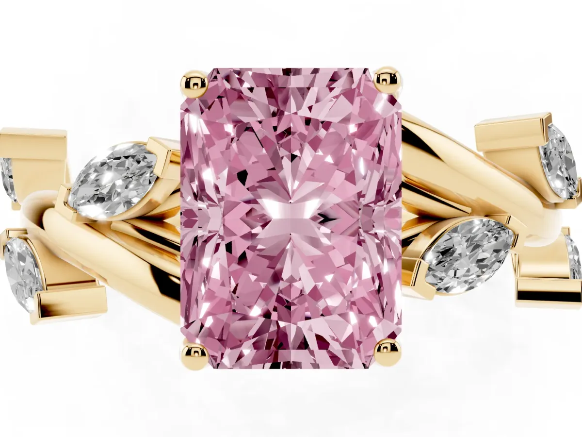 Fancy Pink Radiant Cut Solitaire Twisted Band Marquise Accent Prong Setting Ring Yellow gold