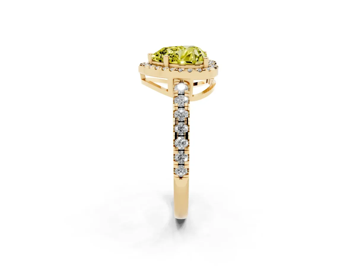 Fancy Yellow Heart Cut Diamond Halo Ring with Pavé Band and Four-Prong Setting Yellow gold
