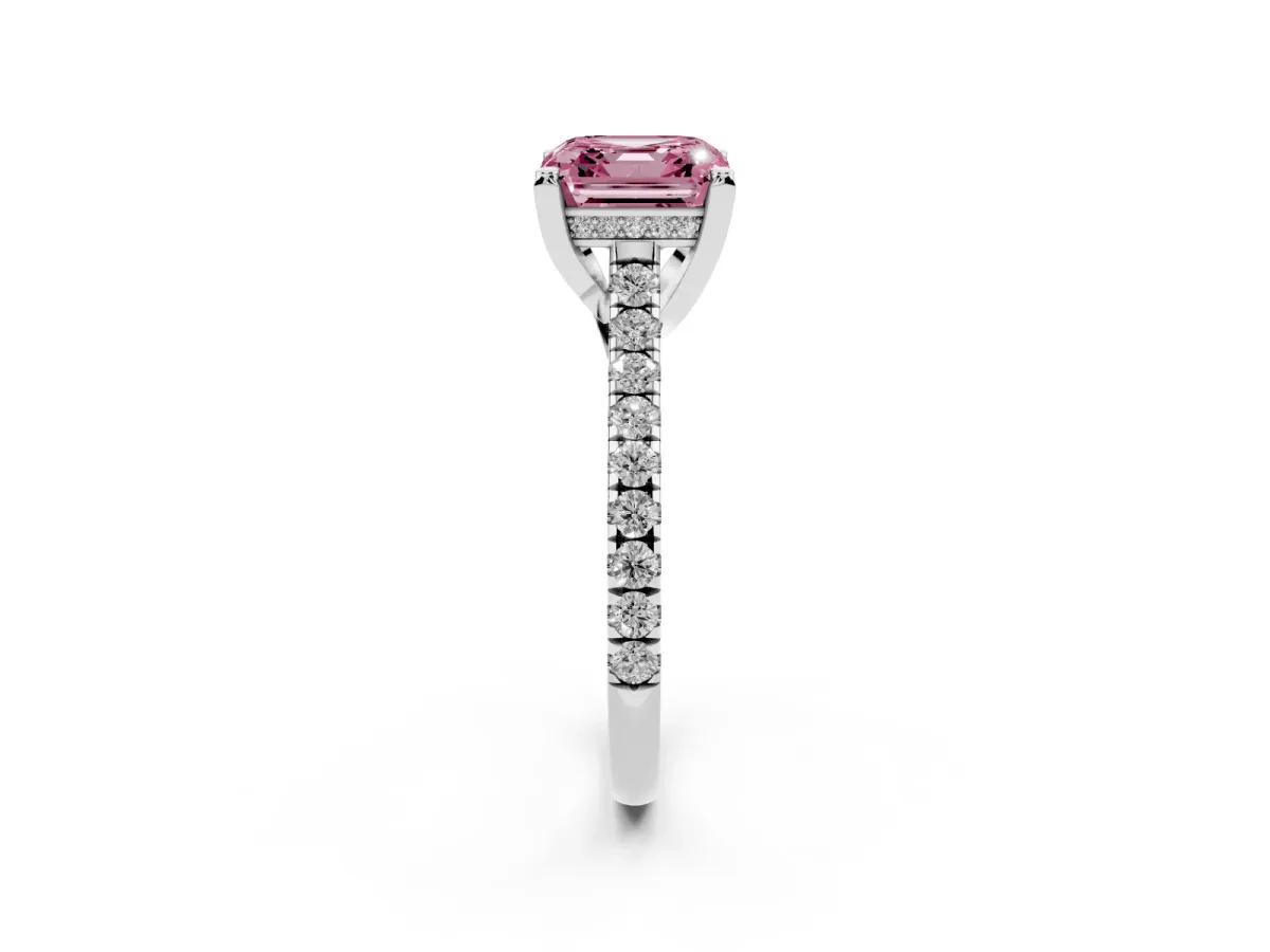 Fancy Pink Asscher Cut Brilliant Diamond Solitaire with Pavé Band and Four-Prong Setting Silver