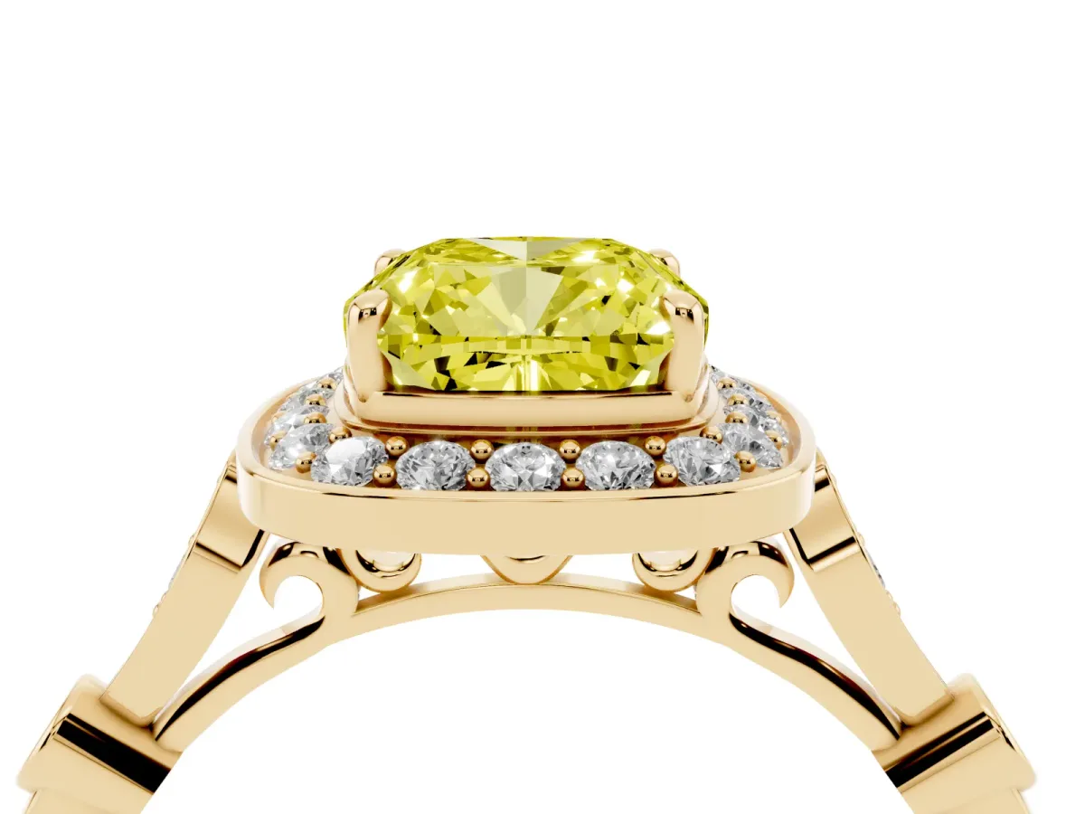 Fancy Yellow Cushion Cut Halo Diamond Engagement Ring with Twisted Band and Four-Prong Setting Yellow gold