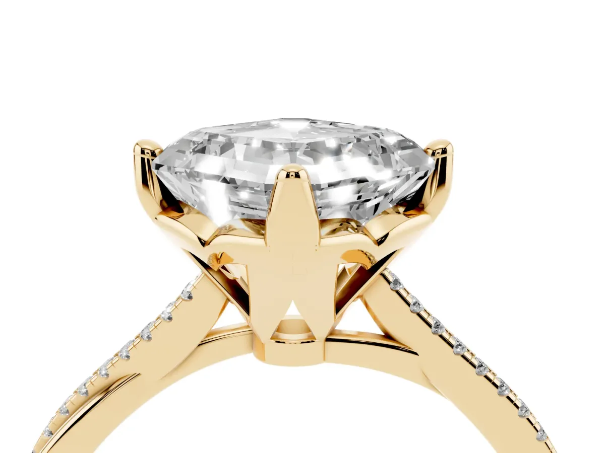 Asscher Cut Solitaire Twist Band with Pavé Diamonds and Four-Prong Setting Yellow gold