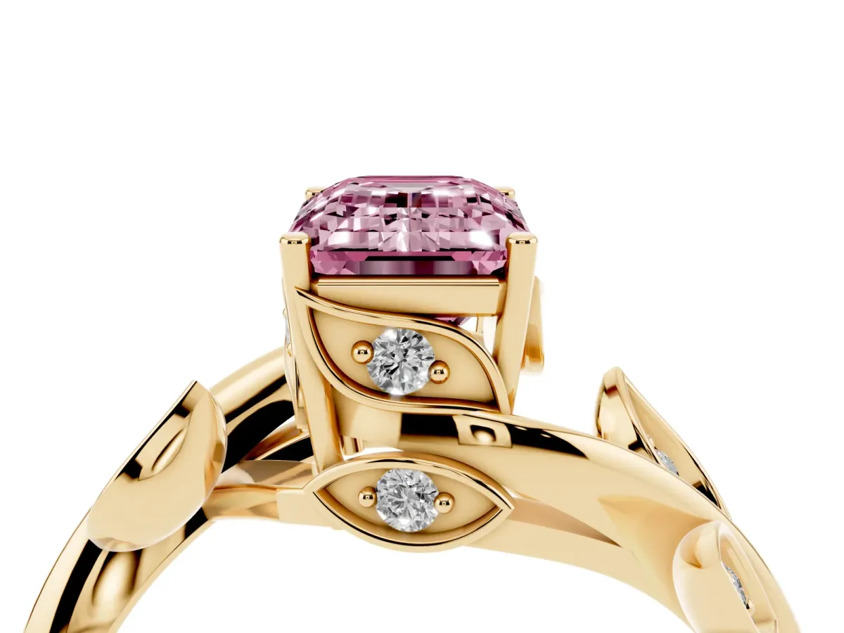 Fancy Pink Emerald Cut Solitaire Twist Engagement Ring with Leaf Accents and Prong Setting Yellow gold