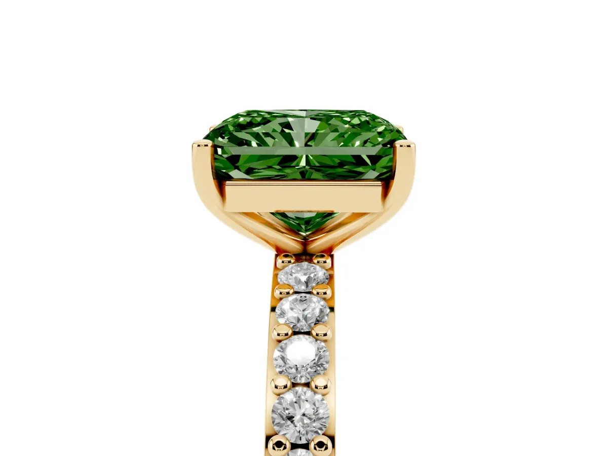 Fancy Green Radiant Cut Cut Diamond Solitaire with Pave Band and Four-Prong Setting Yellow gold