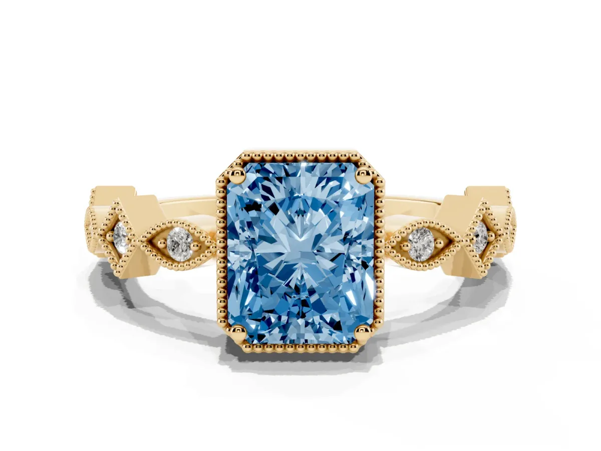 Fancy Blue Radiant Cut Milgrain Marquise Diamond Twist Band Ring Yellow gold