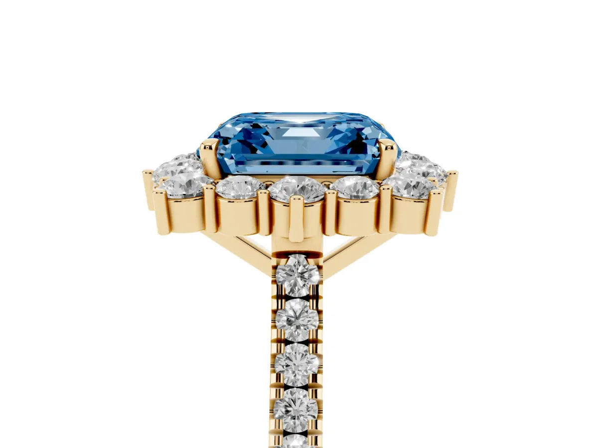 Fancy Blue Asscher Cut Halo Diamond Ring with Pavé Band and Prong Setting Yellow gold