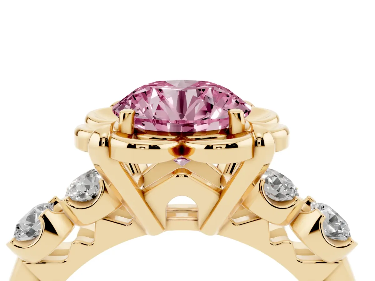 Fancy Pink Round Cut Cut Diamond Floral Halo Engagement Ring with Shared Prong Setting Yellow gold