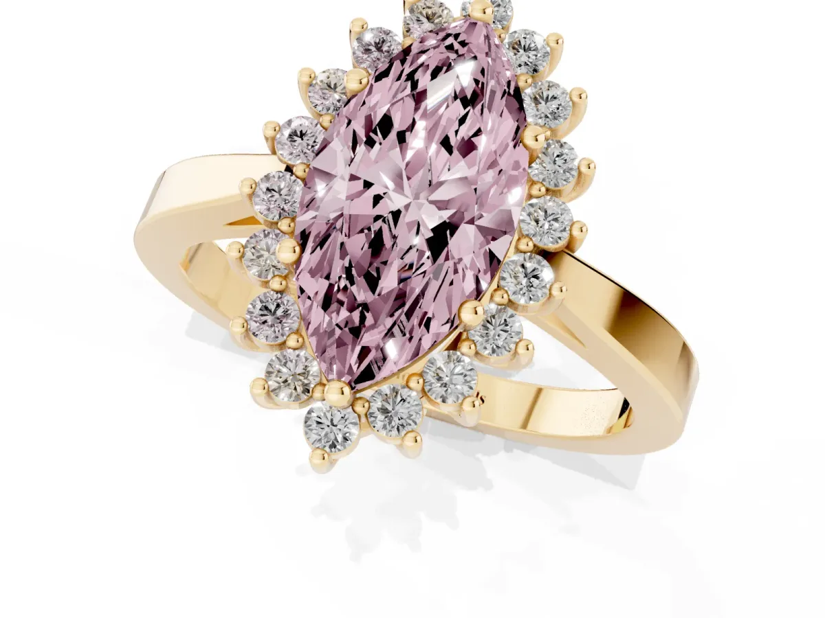 Fancy Pink Marquise Cut Cut Diamond Halo Ring with Round Brilliant Halo and Solitaire Band Yellow gold