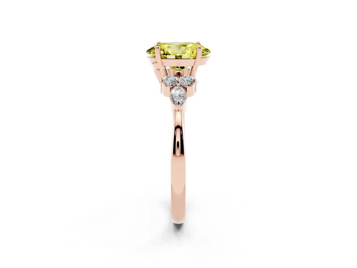 Fancy Yellow Oval Cut Brilliant Diamond Solitaire Ring with Pear Side Stones and Four-Prong Setting Rose gold
