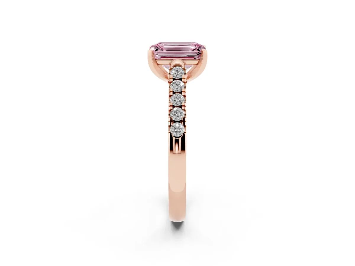 Fancy Pink Emerald Cut Diamond Pavé Band Solitaire Ring with Prong Setting Rose gold