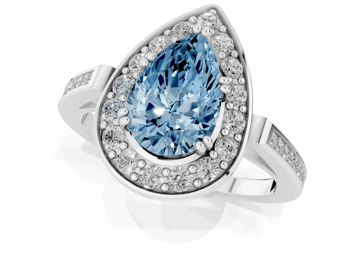 Fancy Blue Pear Cut Diamond Halo Ring with Split Shank and Four-Prong Setting Platinum