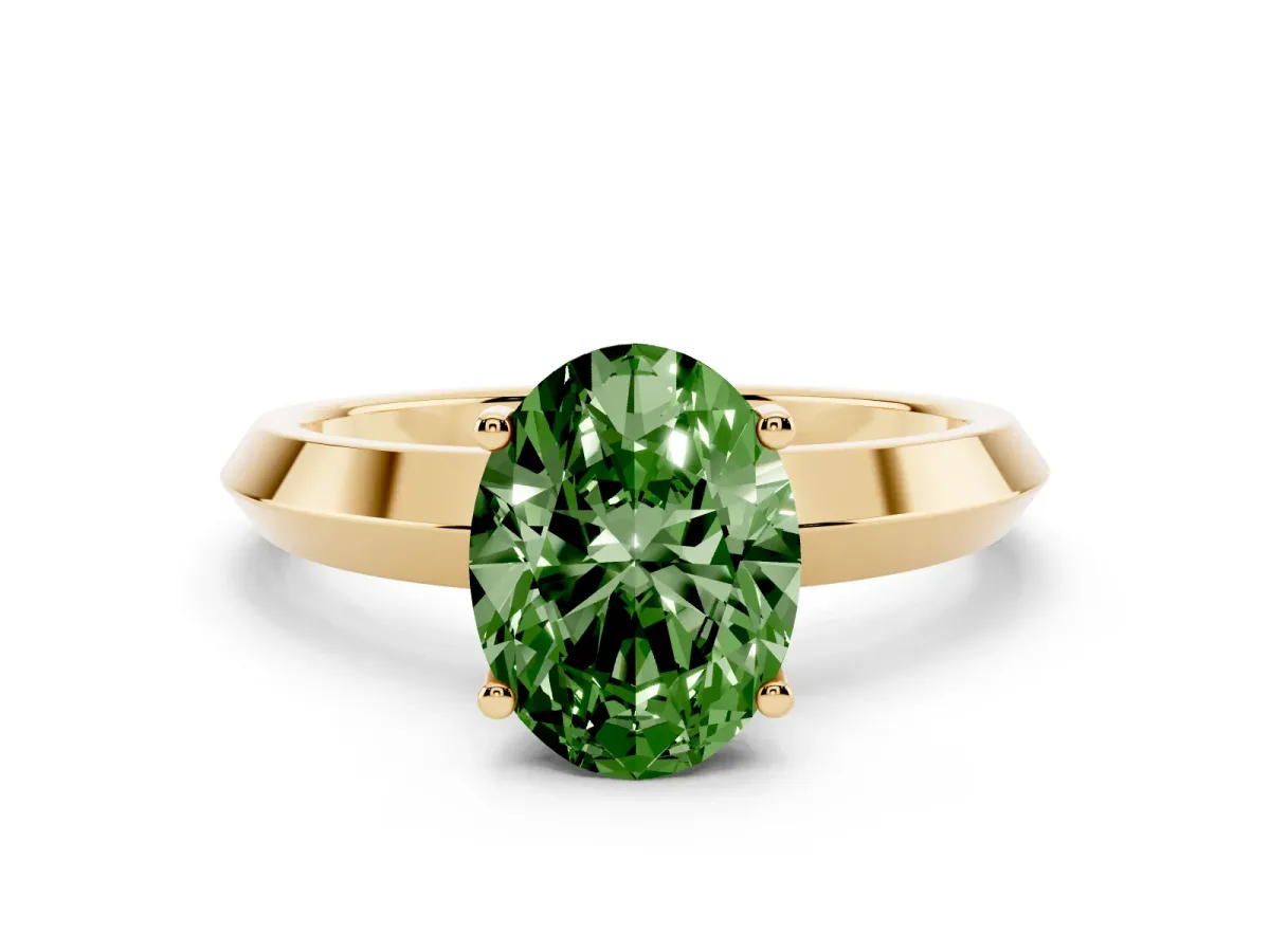 Fancy Green Oval Cut Cut Solitaire Engagement Ring with Flat Band and Four-Prong Setting Yellow gold