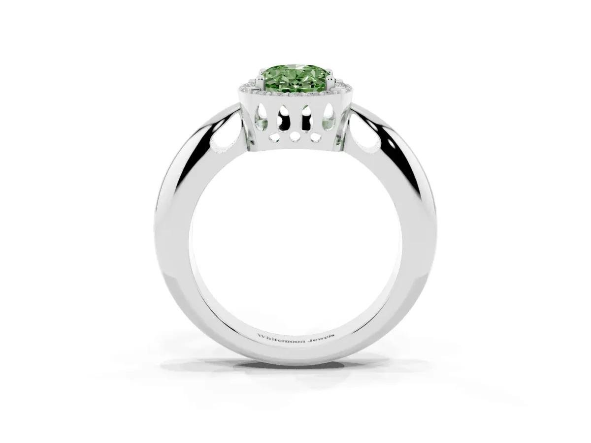 Fancy Green Oval Cut Cut Diamond Halo Engagement Ring with Split Shank and Four-Prong Setting Silver