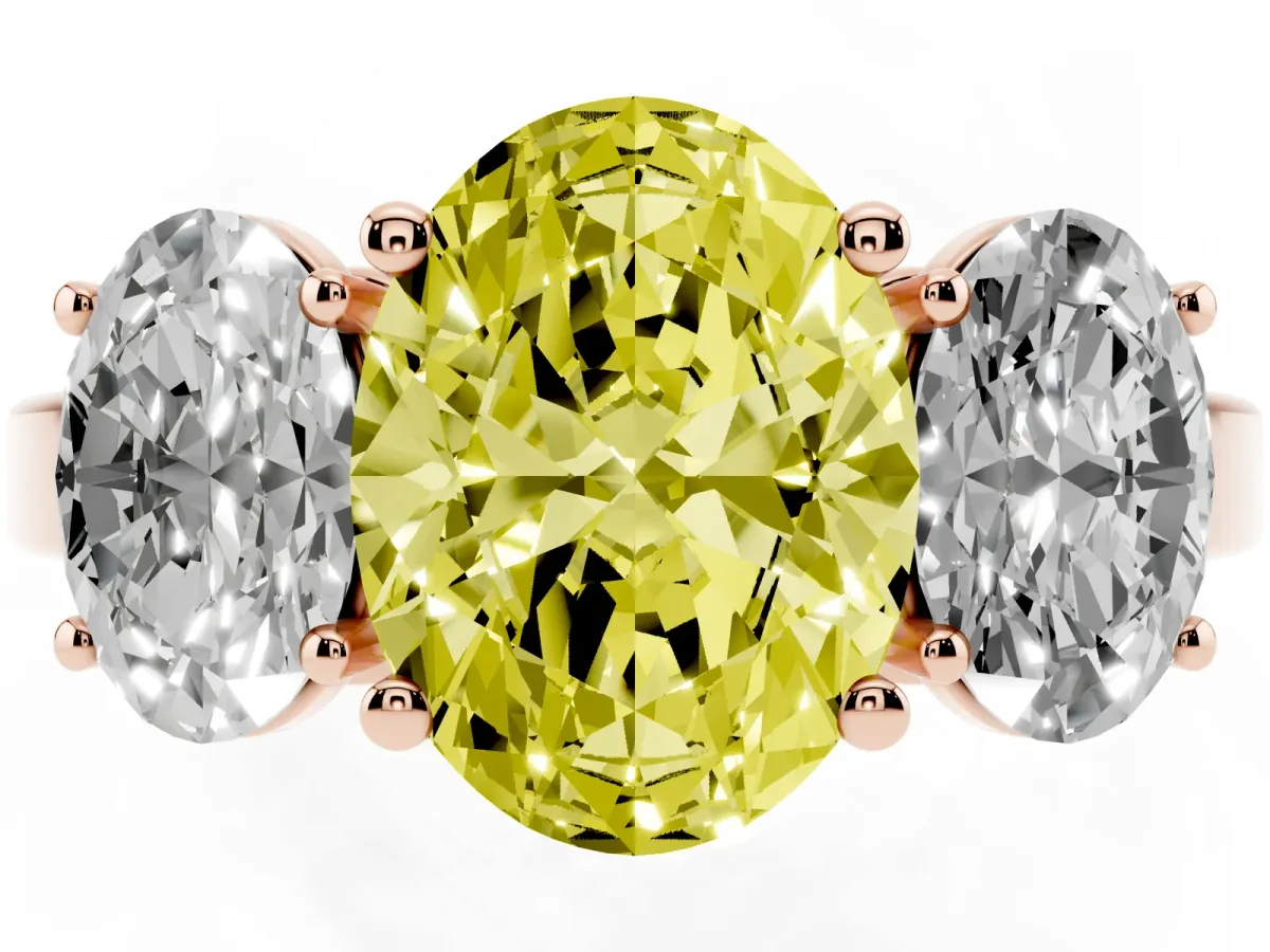 Fancy Yellow Three-Stone Oval Cut Cut Diamond Engagement Ring with Flat Band and Four-Prong Setting Rose gold