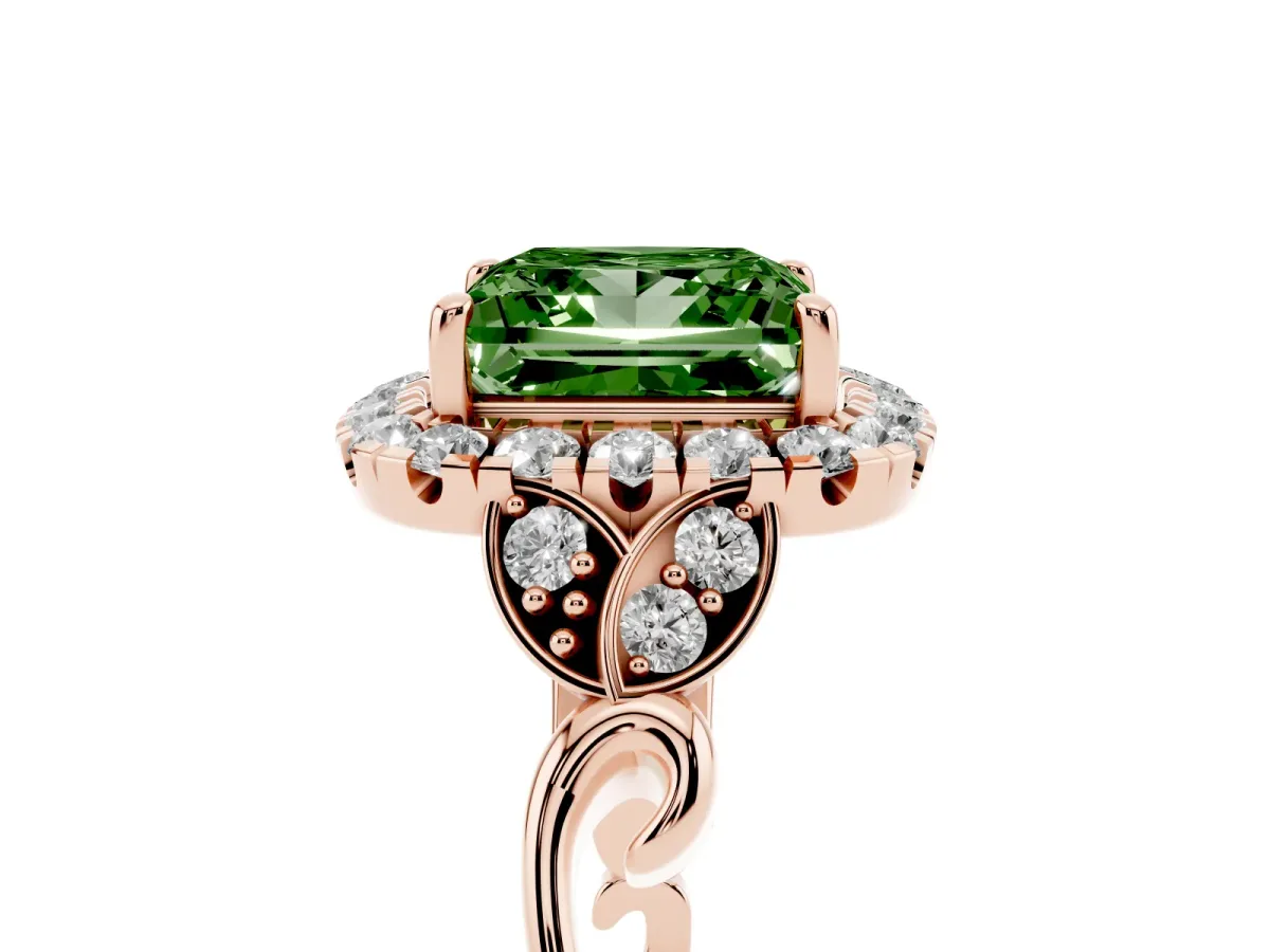 Fancy Green Princess Cut Halo Diamond Engagement Ring with Vintage-Inspired Band and Four-Prong Setting Rose gold