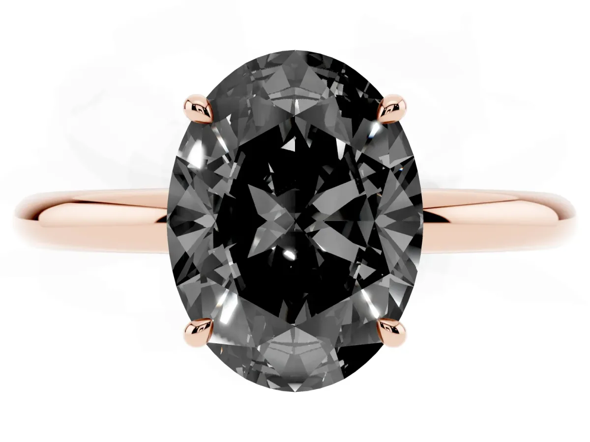 Fancy Black Oval Cut Diamond Solitaire Ring with Thin Band and Four-Prong Setting Rose gold