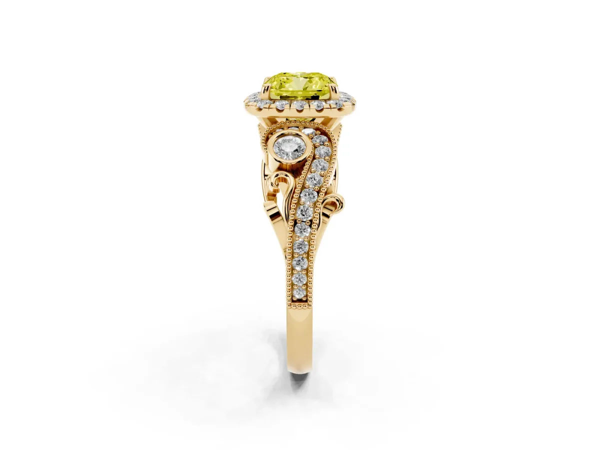 Fancy Yellow Cushion Cut Halo Diamond Ring with Milgrain and Bezel Accents on a Split Shank Band Yellow gold