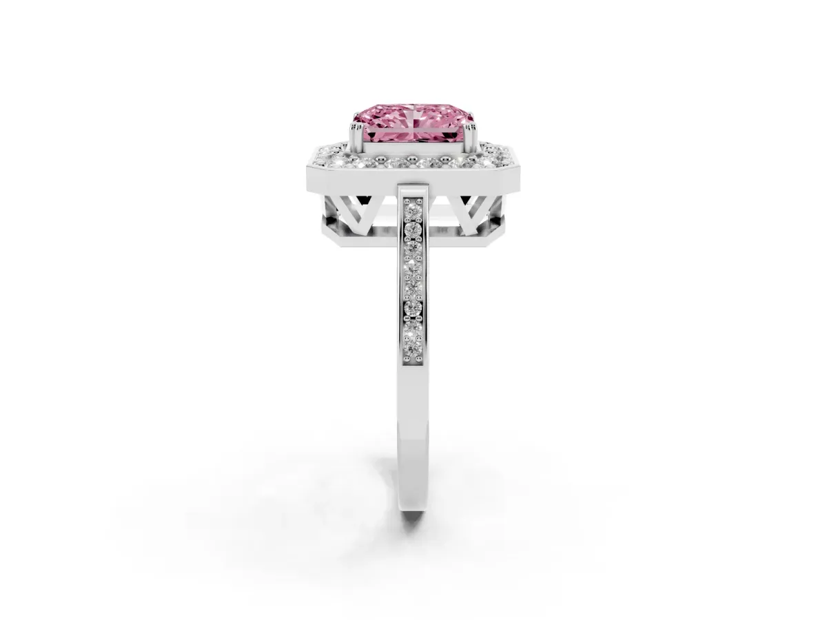Fancy Pink Radiant Cut Diamond Halo Ring with Split Shank and Four-Prong Setting Silver