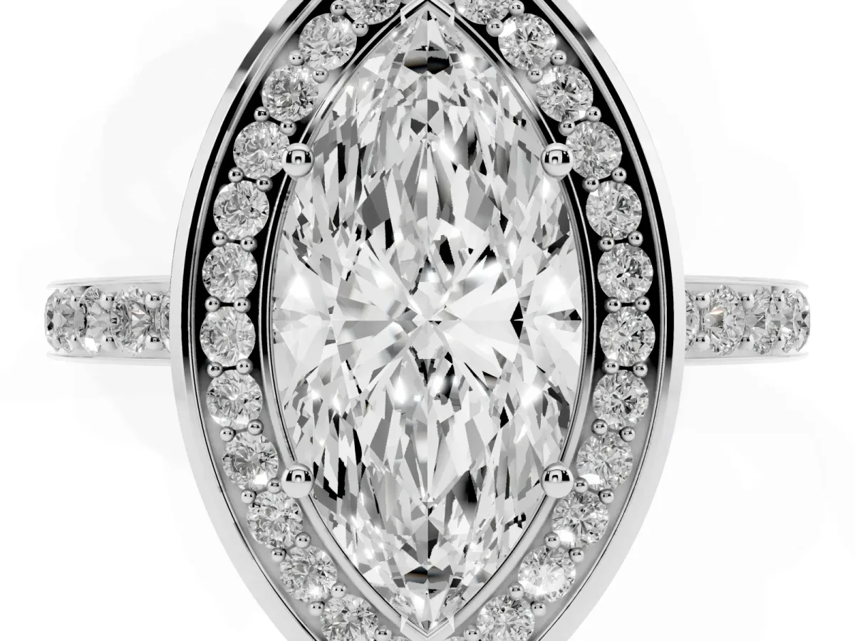 Marquise Cut Diamond Halo Ring with Bezel Frame and Pavé Band Silver