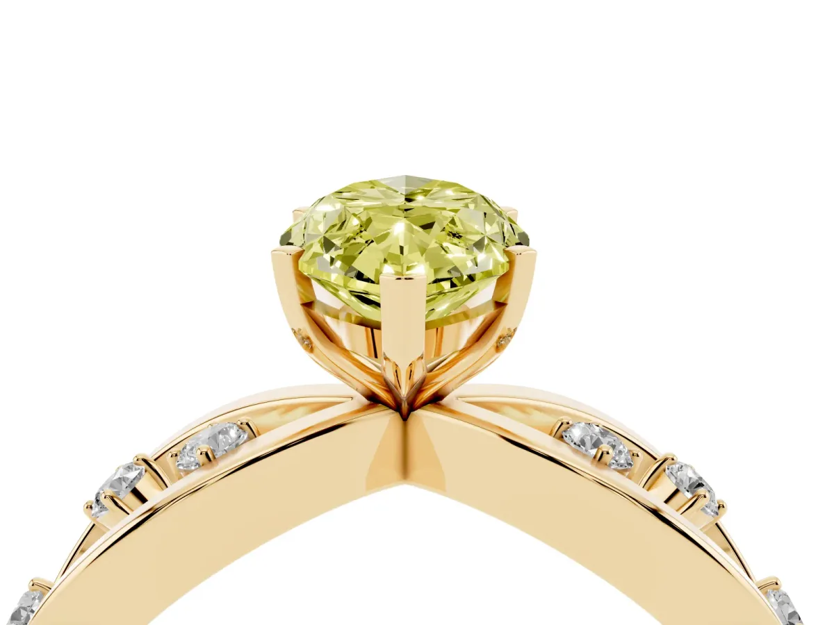 Fancy Yellow Marquise Cut Cut Solitaire Diamond with Side Stones on Criss-Cross Band and Four-Prong Setting Yellow gold